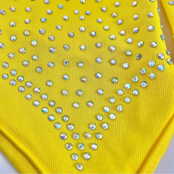 Yellow Long Gloves Fingerless Rhinestones Over Elbow Stretch Carnival Cosplay - Picture 2 of 5